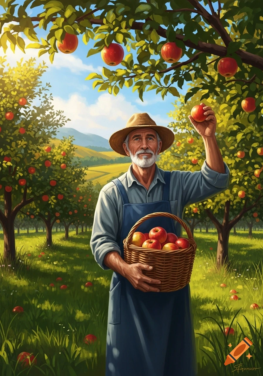 An older man in a straw hat and overalls picks apples in a sunny orchard, holding a full basket.