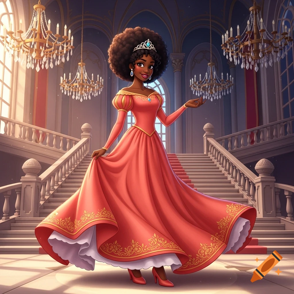 A 2D cartoon Black princess with afro hair, wearing a coral gown and tiara, standing on a grand ballroom staircase.