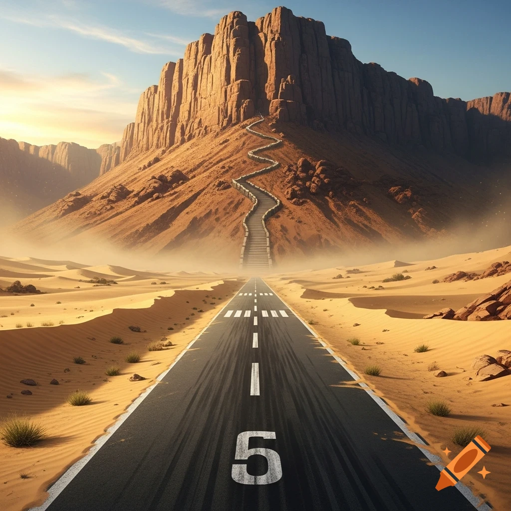 A long paved road with a large '5' painted on it extends through a sandy desert towards a tall, rocky mountain with a winding stone staircase.