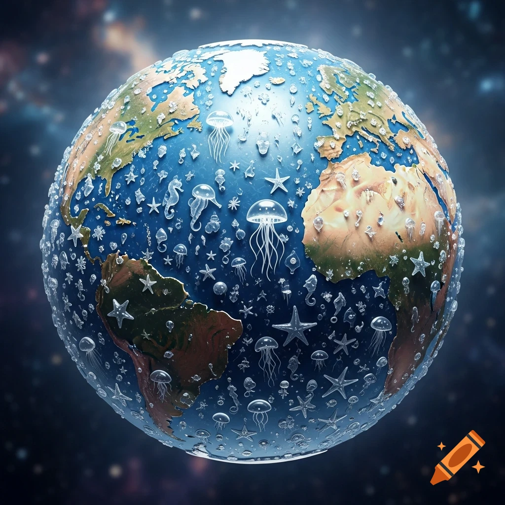 A stylized globe of Earth where the oceans are filled with transparent glass-like jellyfish, seahorses, and starfish, set against a starry background.