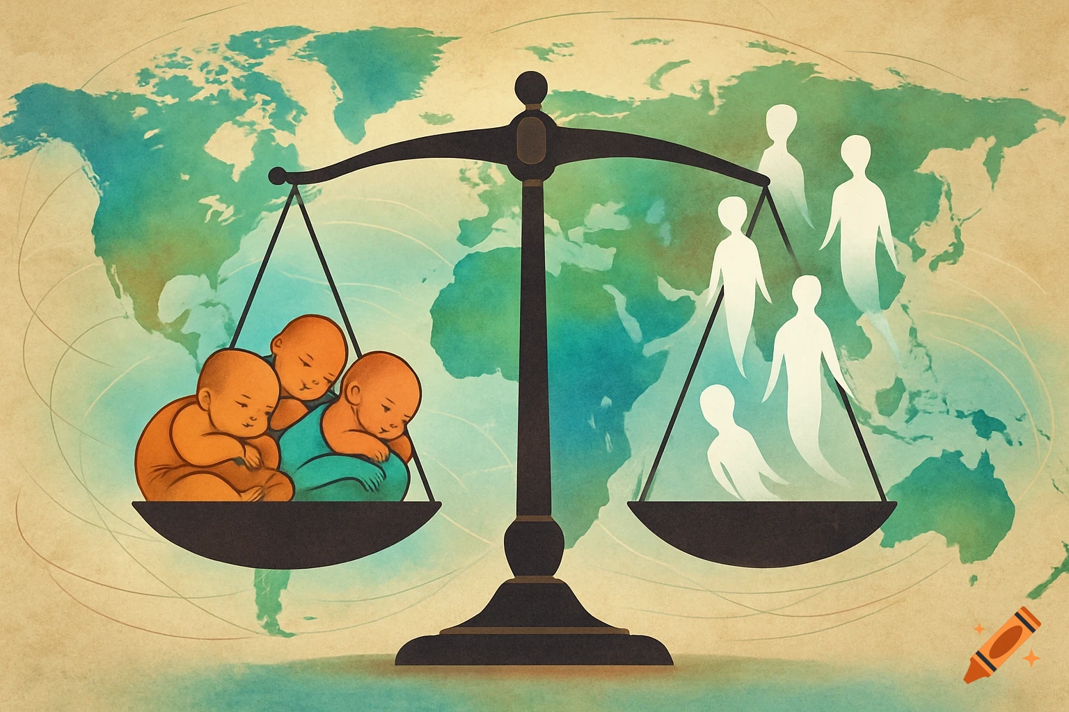 A balance scale with three babies on one pan and five ghost-like adult figures on the other, against a world map.