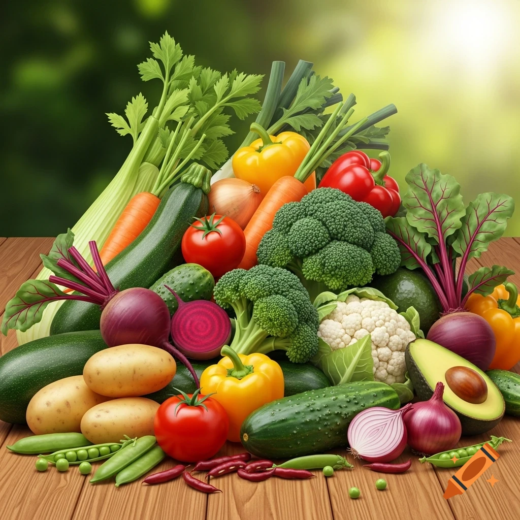 A vibrant pile of fresh vegetables including broccoli, carrots, bell peppers, tomatoes, potatoes, onions, and zucchini on a wooden table, with a blurred green background.