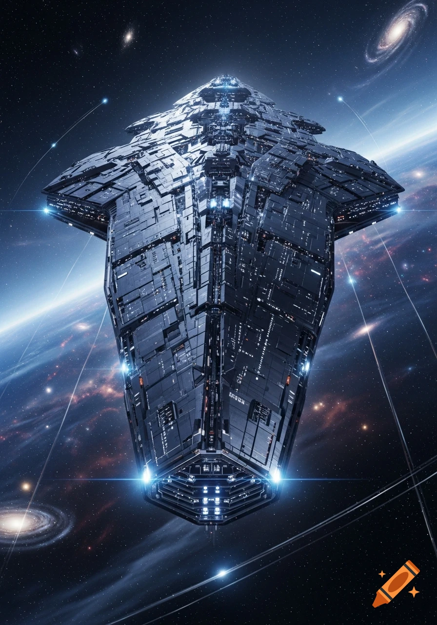 A highly detailed futuristic starship, dark grey and angular, floats in deep space above a glowing planet, with distant galaxies visible.