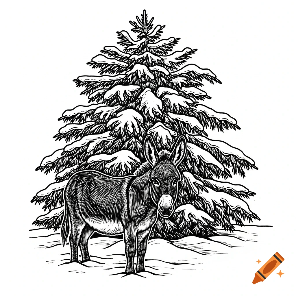 A black and white linocut illustration of a donkey standing in snow next to a snow-covered fir tree.