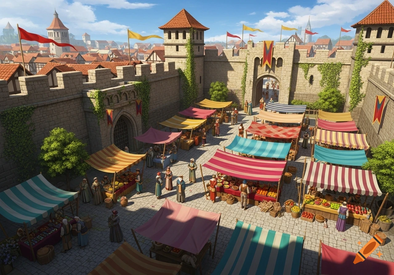 An aerial view of a bustling medieval marketplace within a walled city, featuring colorful striped awnings and many people.