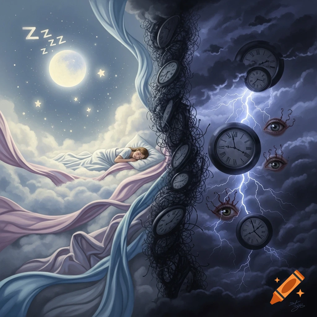 Surreal art contrasting peaceful sleep (woman on moonlit clouds with Zzz) with restless insomnia (stormy sky, tangled clocks, eyes).
