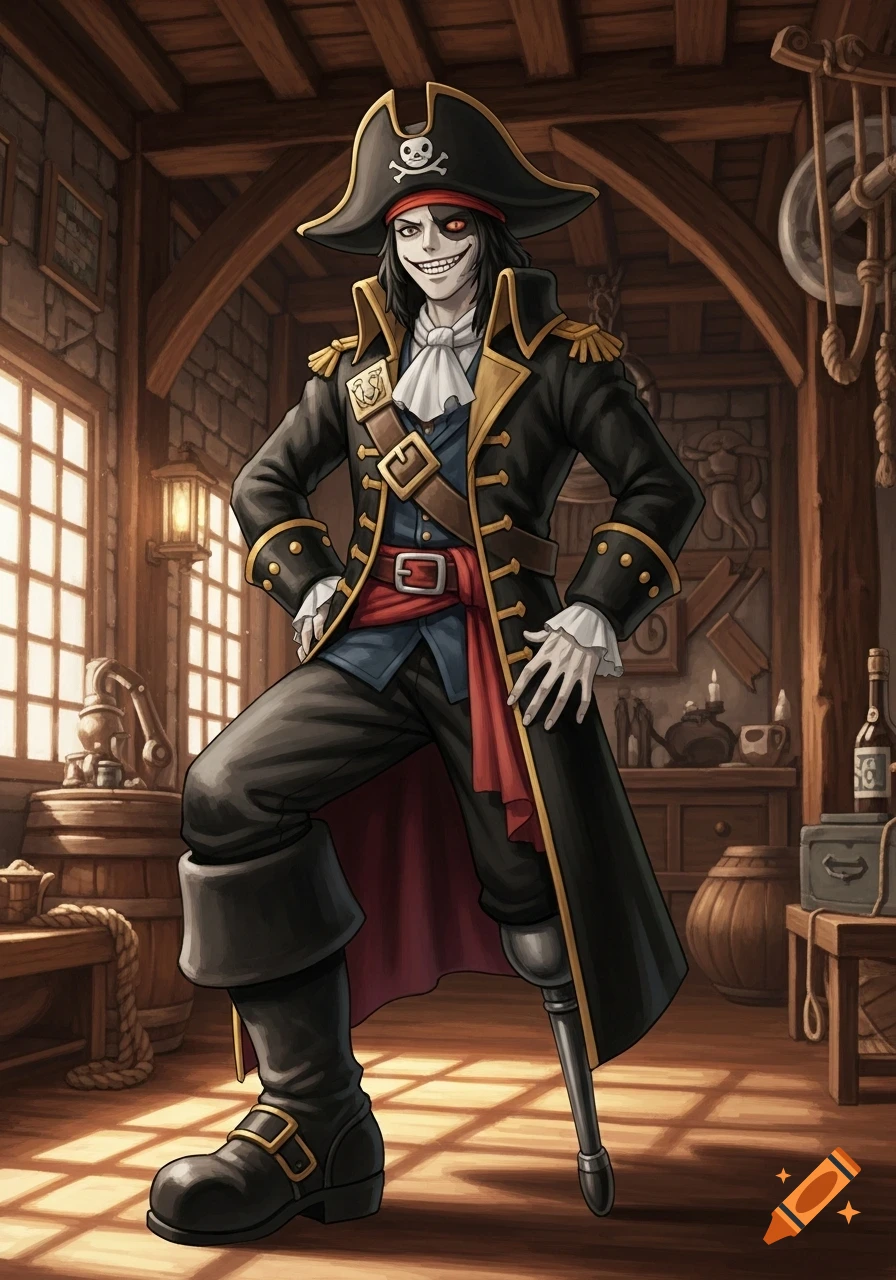 A stylized pirate with a shark-like grin and a peg leg stands in a dimly lit chamber, Ghibli-inspired art.