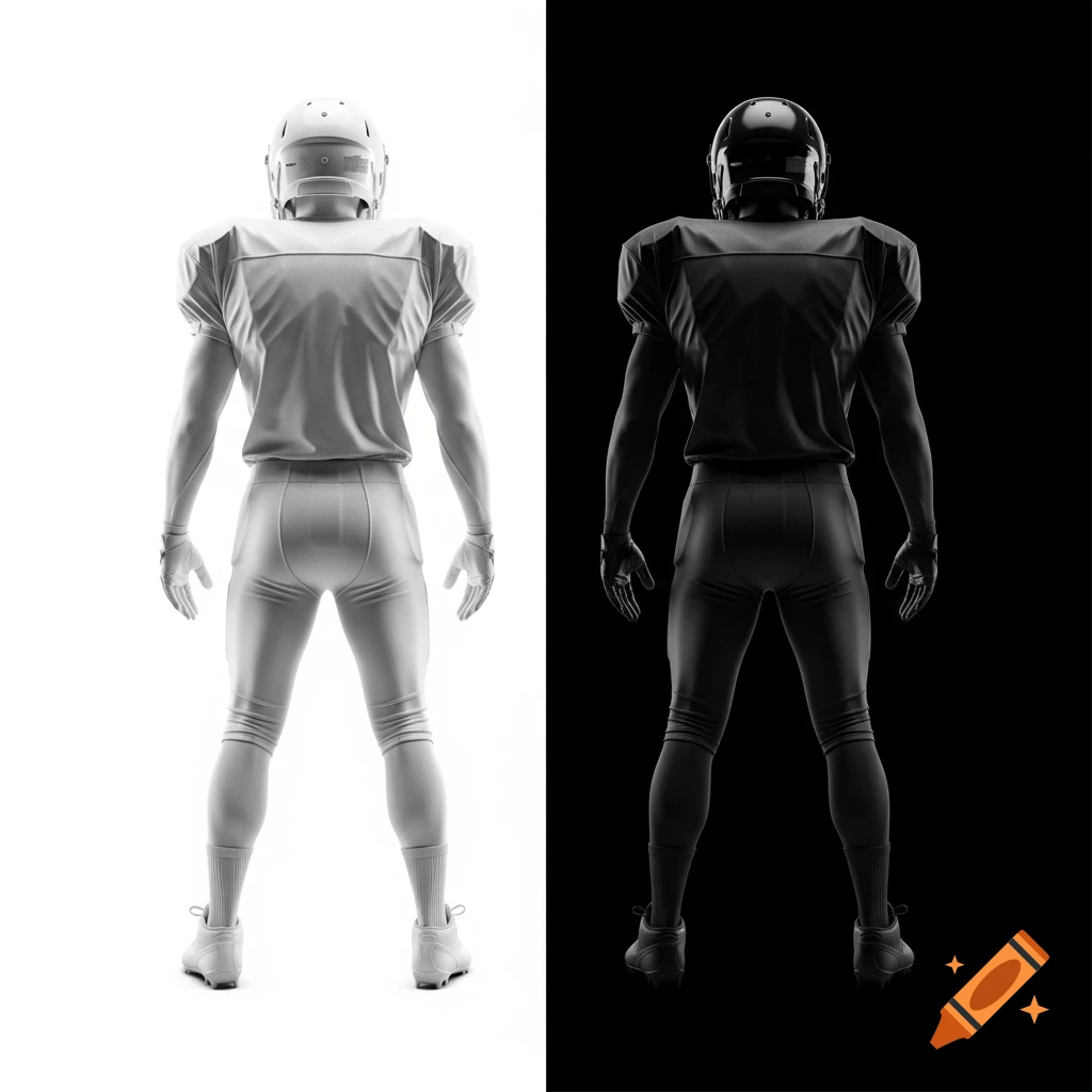 Rear view of two identical American football players, one in white uniform on a white background, one in black uniform on a black background.