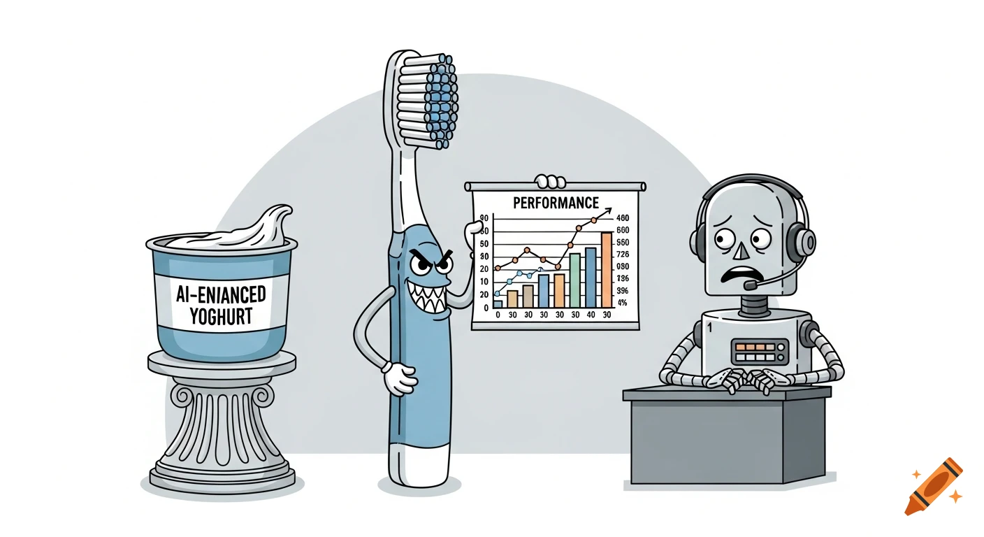 A satirical cartoon showing an angry AI toothbrush presenting a performance chart to a sad robot customer service agent, with a pot of AI-enhanced yoghurt on a pedestal.