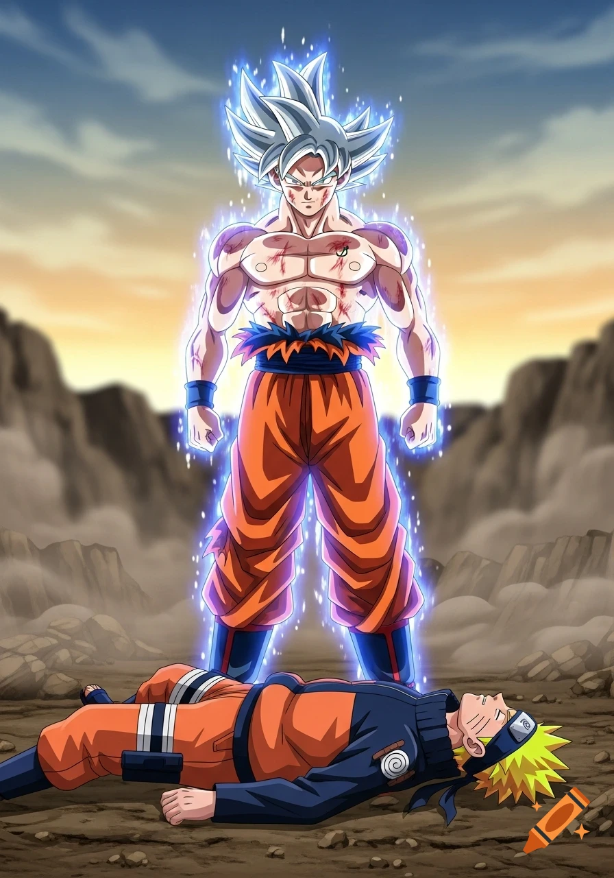Goku in Ultra Instinct form stands over a defeated Naruto on a rocky battlefield in an anime style.