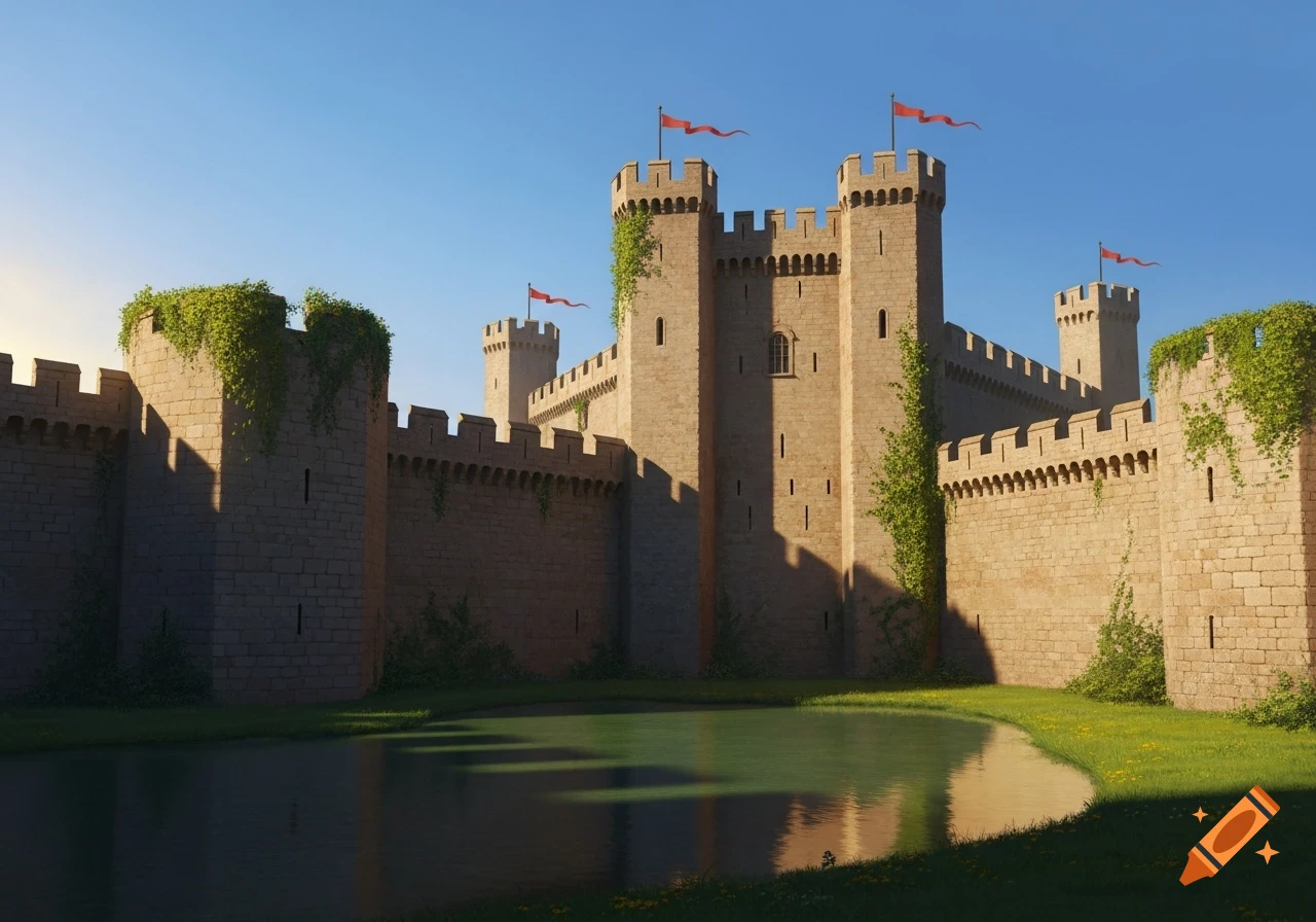 A grand medieval stone castle with multiple towers and red flags, covered in ivy, surrounded by a green moat and grassy banks.