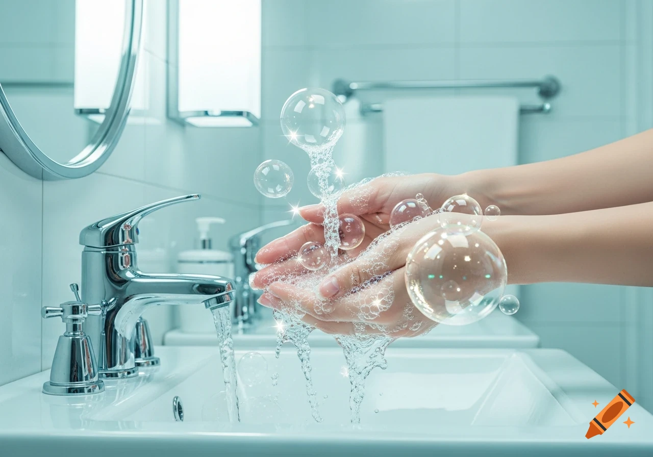 Close-up of hands washing with soap and water in a clean bathroom sink, with numerous iridescent bubbles floating around.