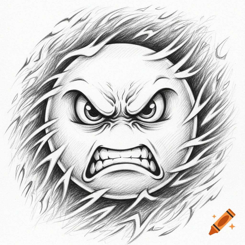 A detailed black and white pencil drawing of a furiously angry emoji face with furrowed brows and bared teeth, surrounded by sharp, swirling lines.