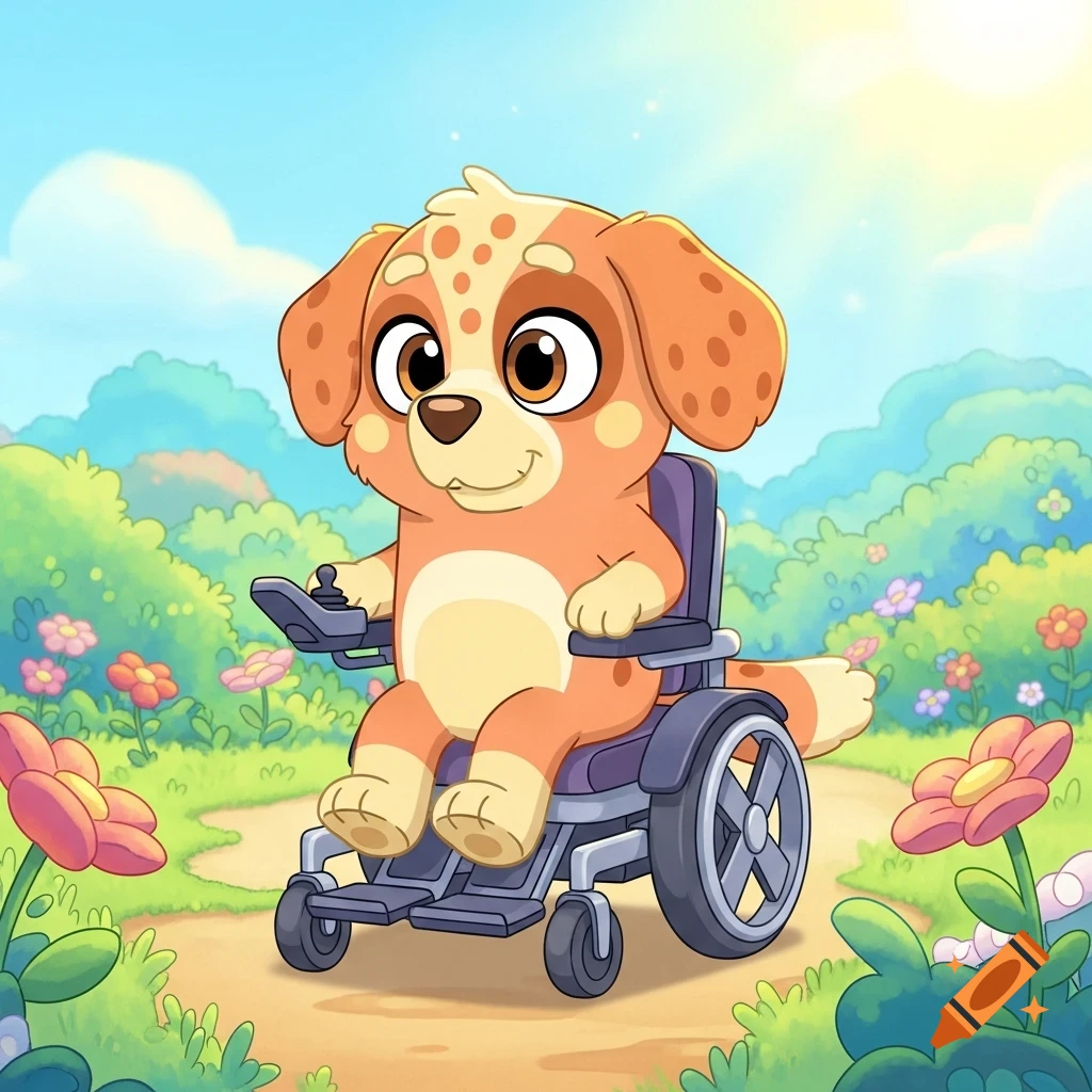 A cheerful cartoon puppy with brown and yellow spots sits in a power wheelchair on a sunny path surrounded by flowers.