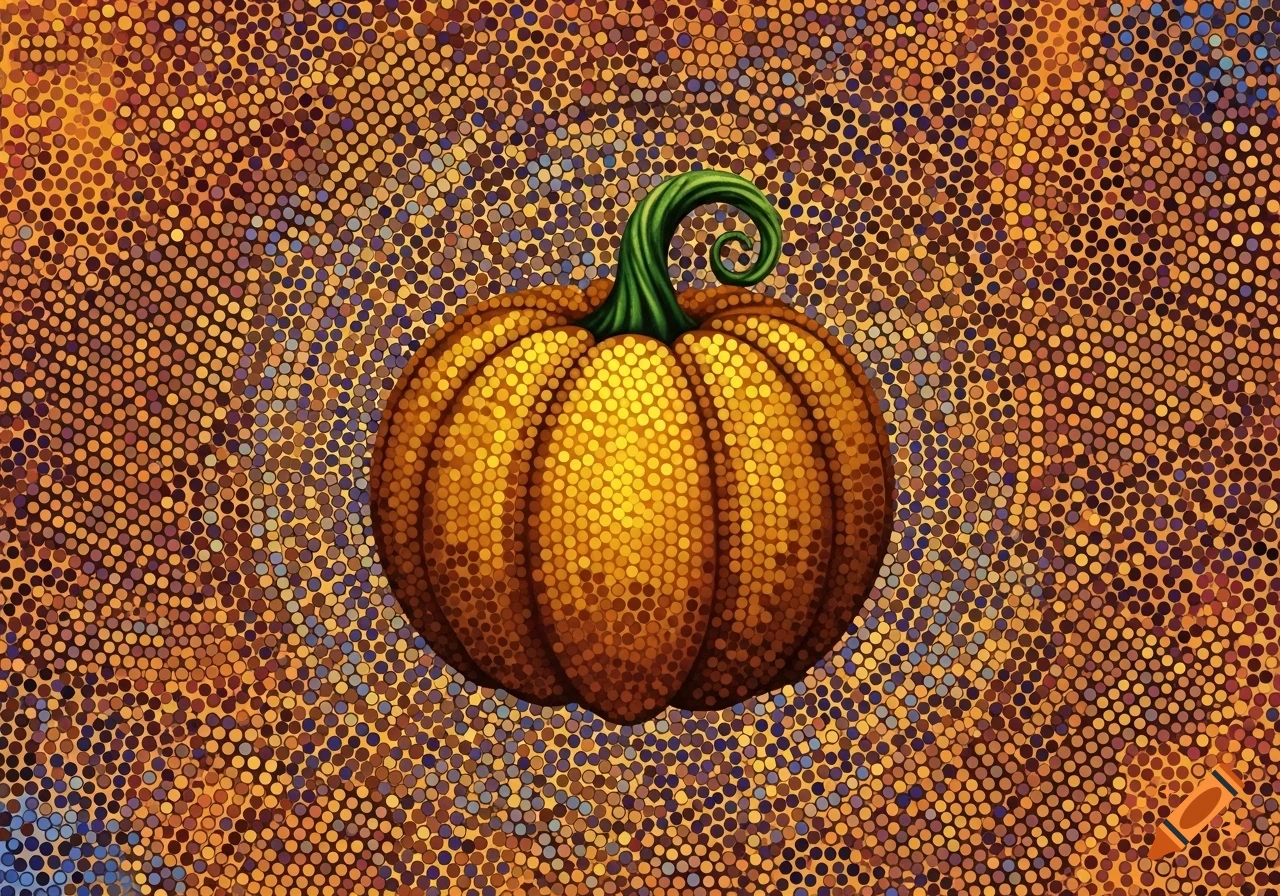 A magic eye image revealing a 3D pumpkin against a background of colorful dots.