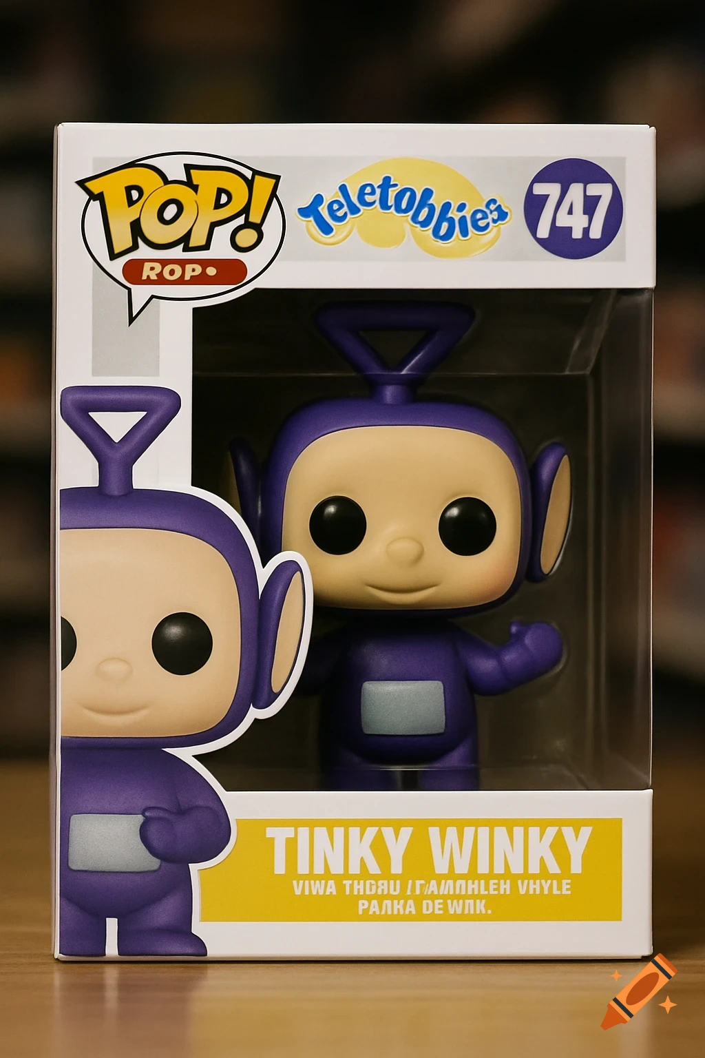 A Tinky Winky Funko Pop figure, purple with a triangle antenna, inside its retail box on a wooden surface.