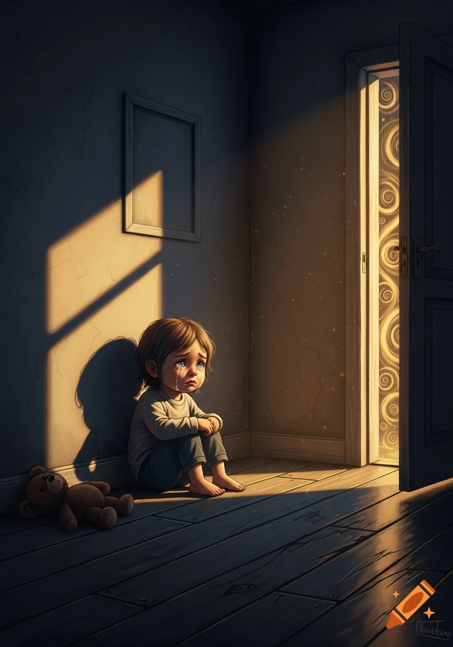 An illustrated crying child sits alone in a dark room with a teddy bear, illuminated by a bright sunbeam from an open door.