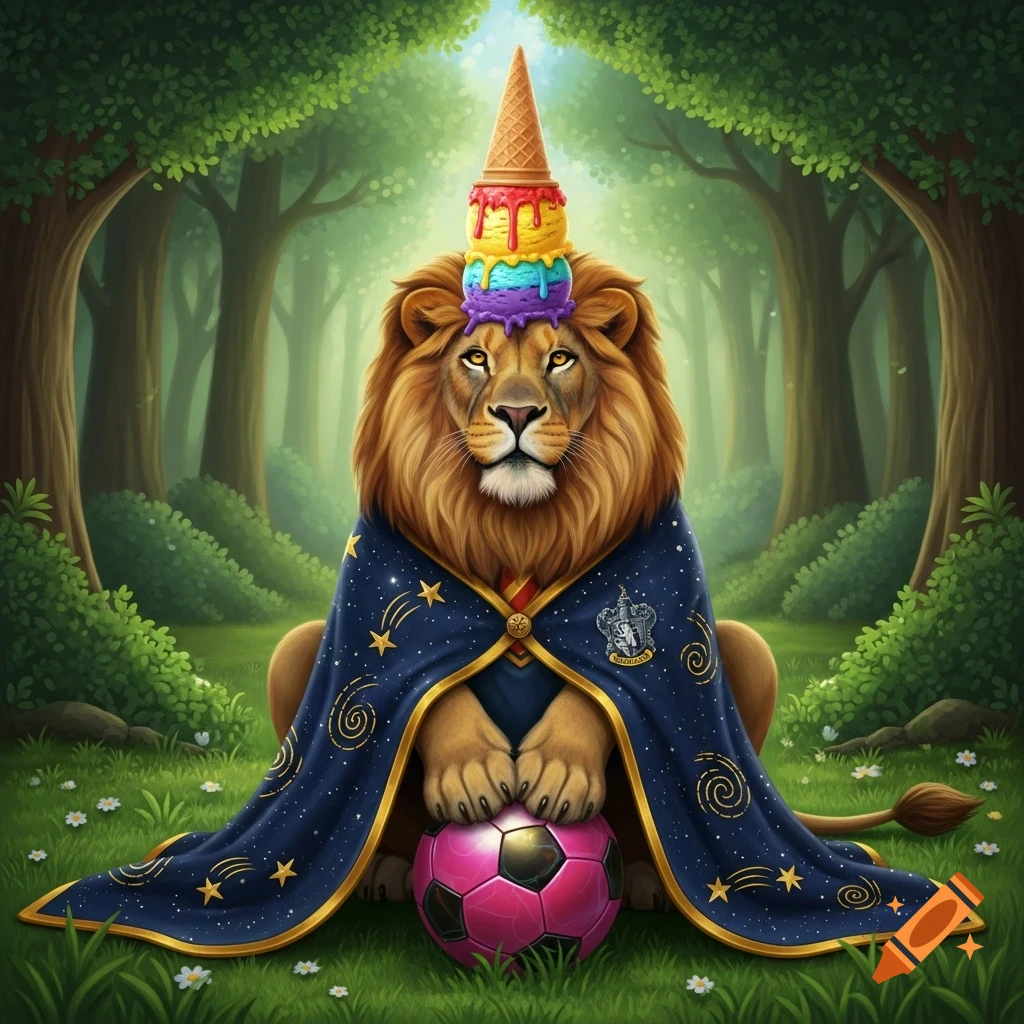 A majestic lion in a starry blue wizard's cloak with an ice cream cone hat, paws resting on a pink soccer ball in a magical forest.