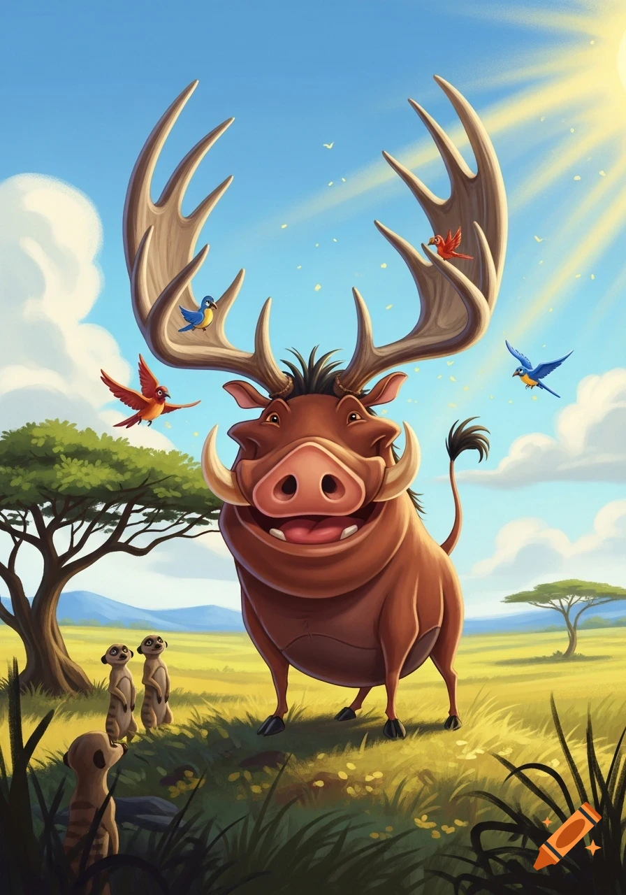A smiling cartoon warthog with large antlers stands in a sunny savanna with colorful birds and meerkats.