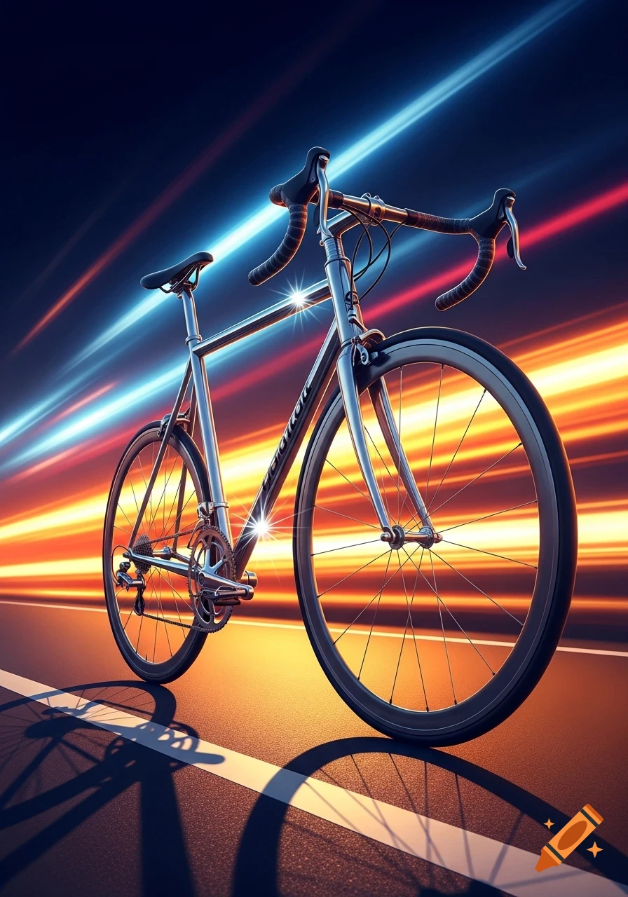 A stylized racing bicycle stands on a dark road with bright, streaking red and blue light trails in the background, creating a dynamic effect.