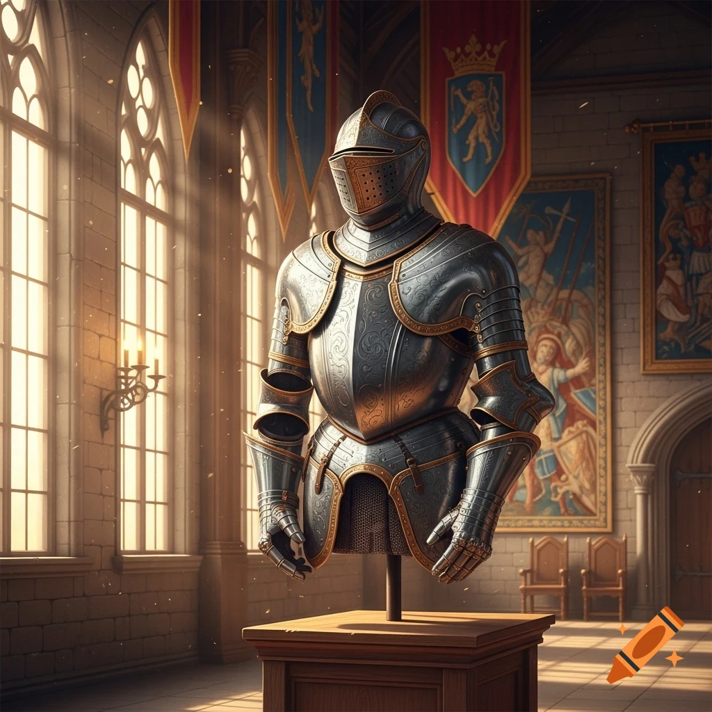 Detailed medieval plate armor displayed on a stand in a grand castle hall with tall windows and banners.