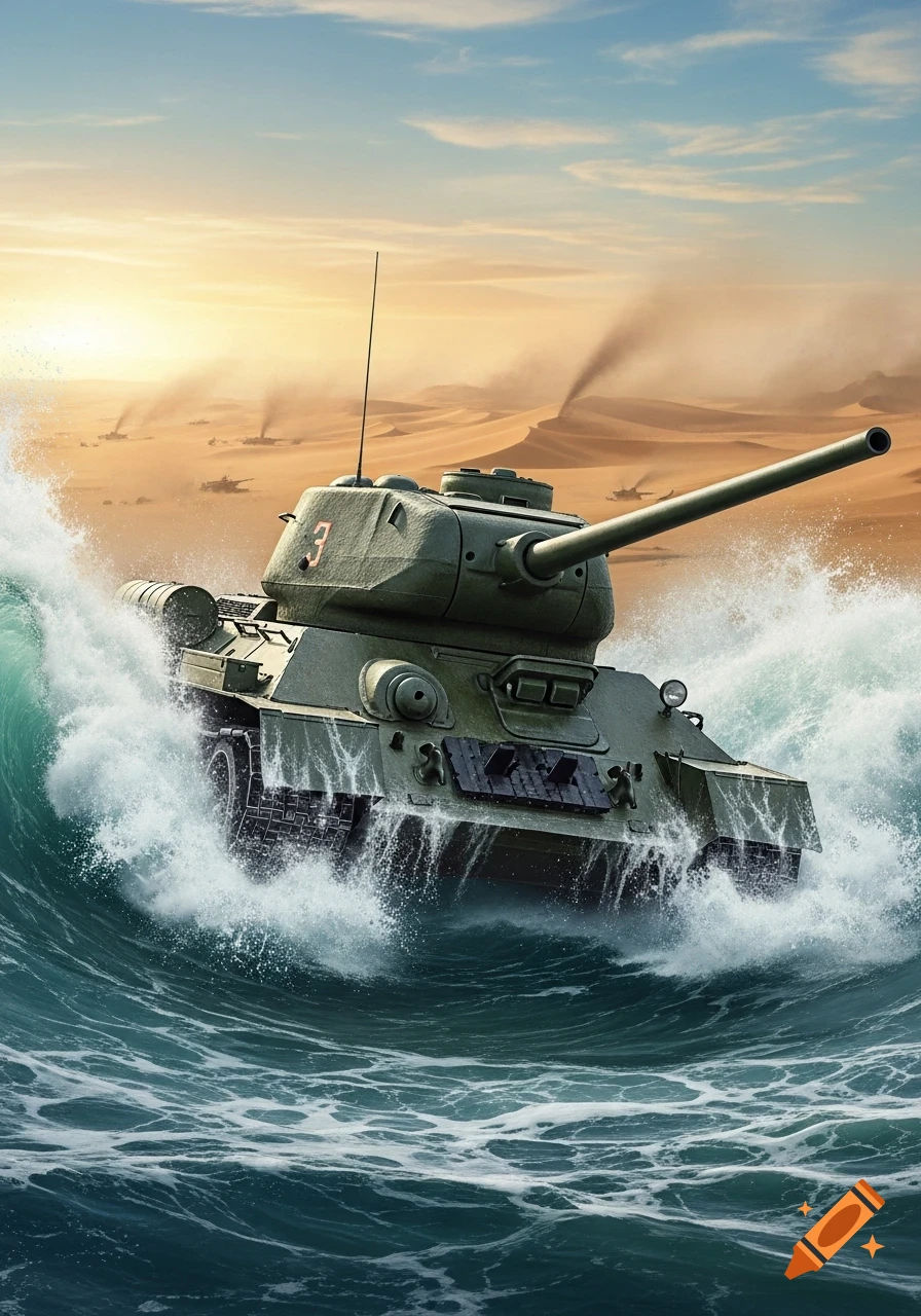 A photorealistic T-34 tank with '3' on its turret emerges from choppy ocean waves, with a desert battlefield and smoke in the background at sunset.
