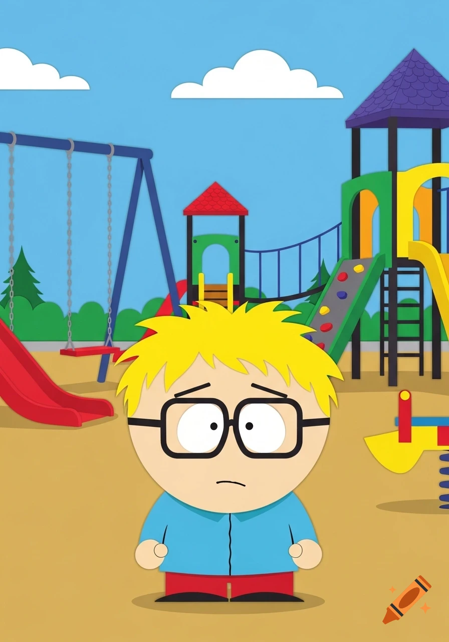 A sad South Park 2nd grader character with blonde hair and black glasses stands in a playground with swings and slides, rendered in 2D paper style.