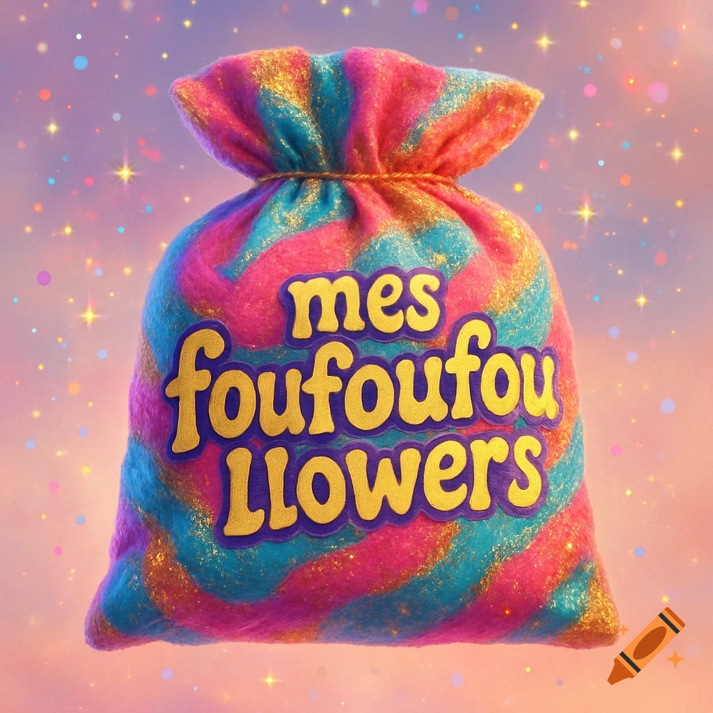 A fluffy, colorful bag with swirling pink, blue, and gold glitter, featuring 'mes foufoufoullowers' text, against a sparkly purple and pink sky.