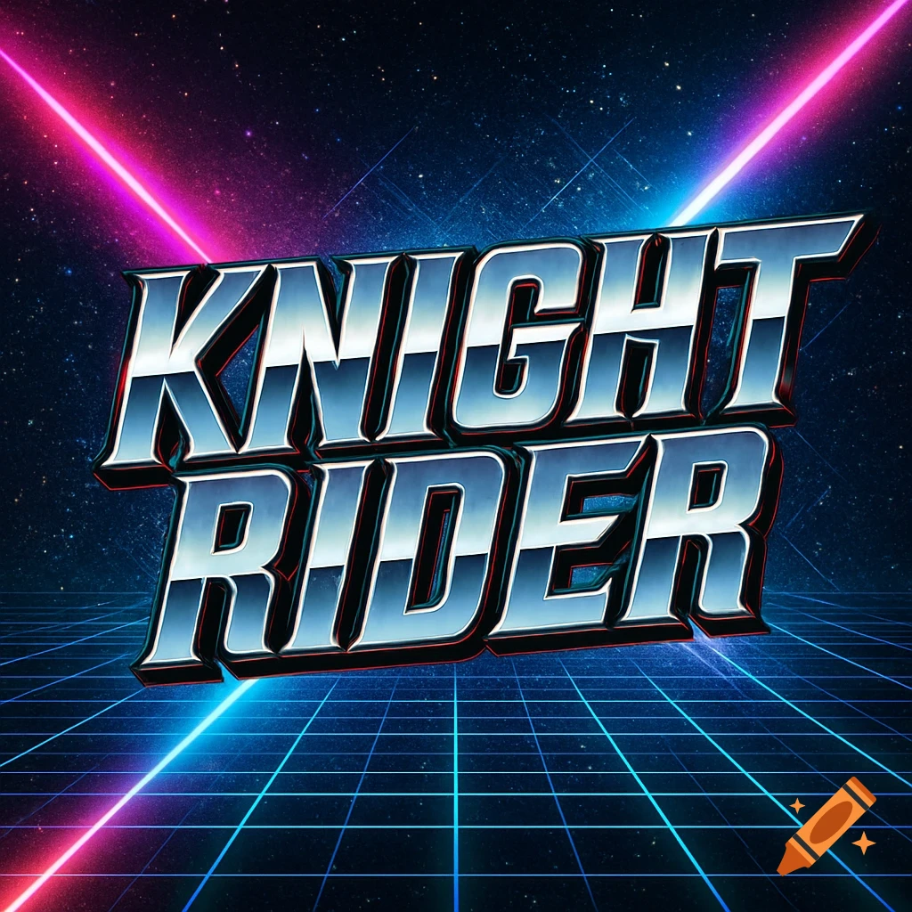 Metallic 'KNIGHT RIDER' logo against a dark blue retro sci-fi grid background with intersecting neon pink and blue light beams.