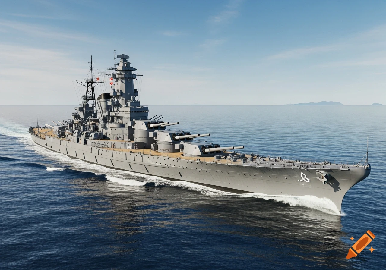 A large grey battleship with multiple gun turrets cuts through calm blue ocean waters under a clear sky.