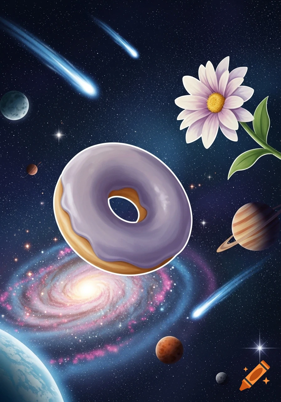 A purple-frosted donut and a white daisy float in a starry galaxy with planets and comets.