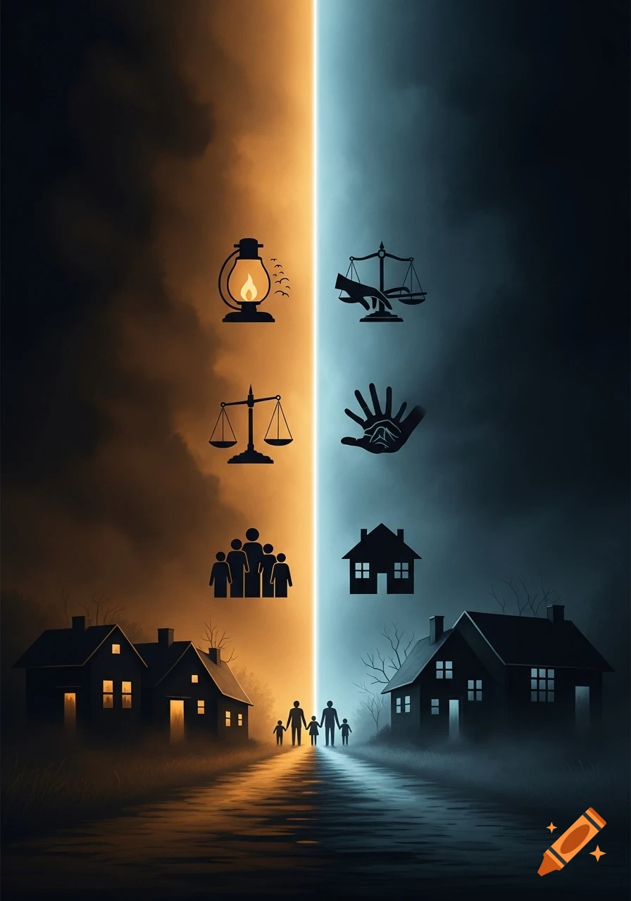 A conceptual split image showing a glowing vertical beam between a dark, orange-lit side with decaying elements and a dark, blue-lit side.