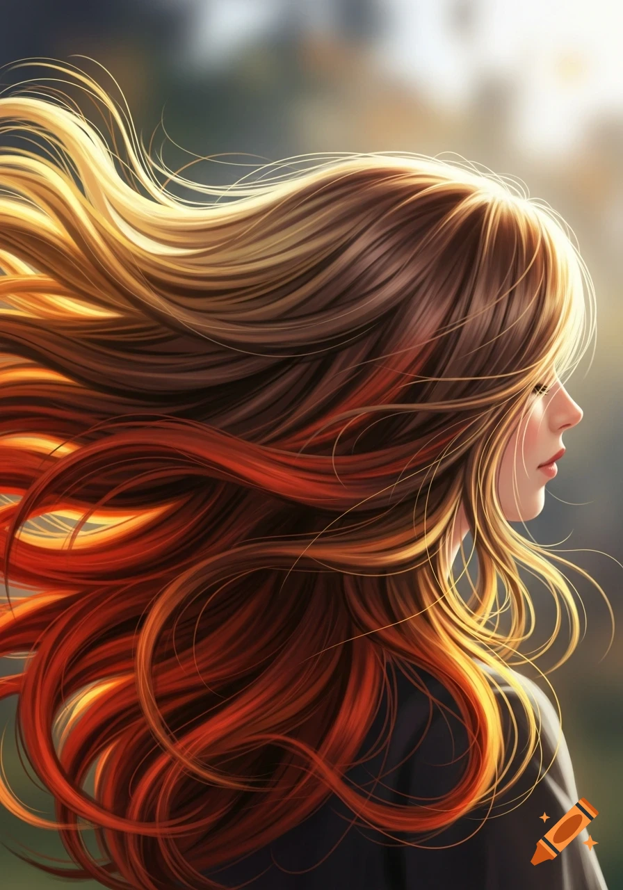A stylized digital painting of a woman from the side, with long, flowing brown, blonde, and reddish-orange hair blowing in the wind.