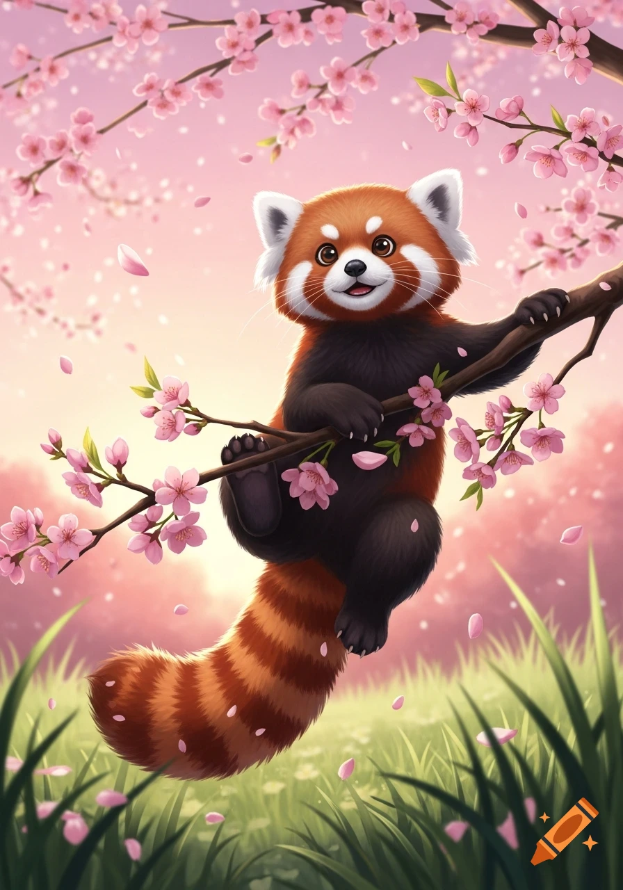 A cute red panda hangs on a cherry blossom tree branch, surrounded by falling pink petals against a soft pink and green background.
