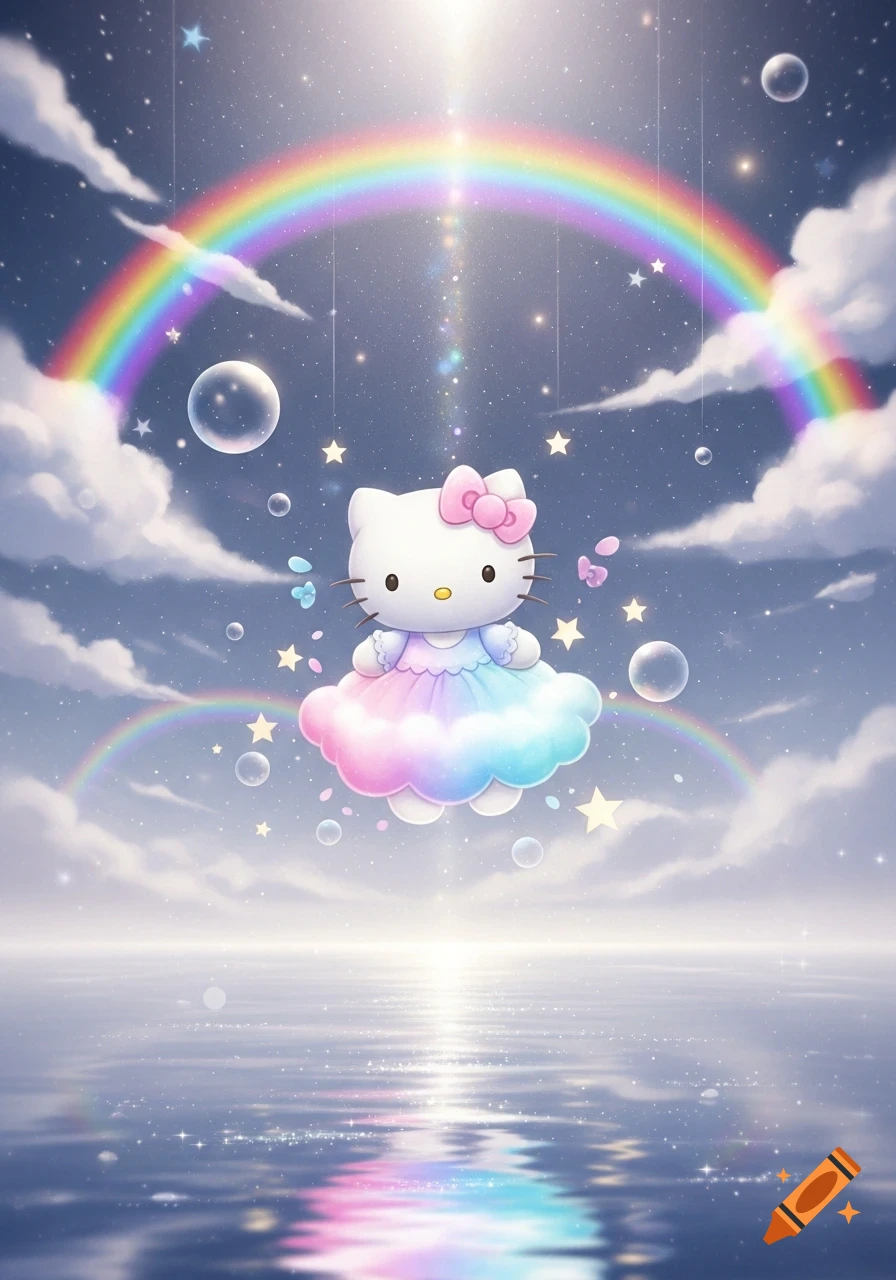 Hello Kitty floating on a pastel cloud under a rainbow in a starry, dreamcore sky with reflective water.
