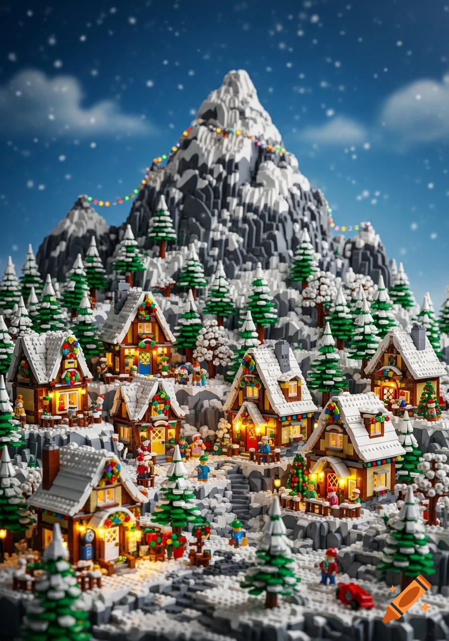 A highly detailed LEGO Christmas village with festive lights at the base of a snow-covered mountain and pine trees.