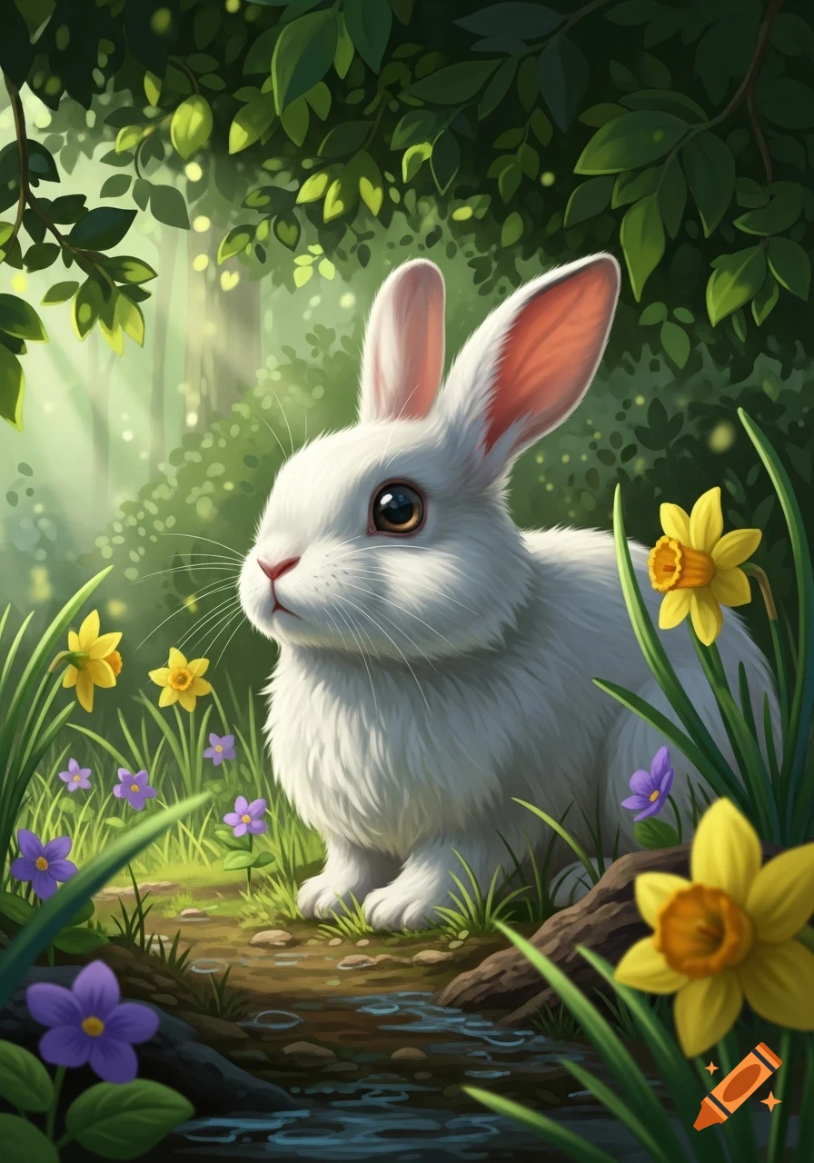 A cute white rabbit sits among yellow daffodils and purple flowers in a ...