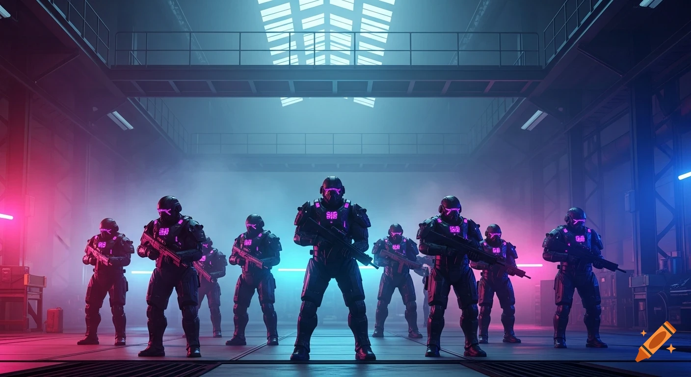 Nine heavily armored soldiers in a dark cyberpunk industrial warehouse, illuminated by neon pink and blue lights.