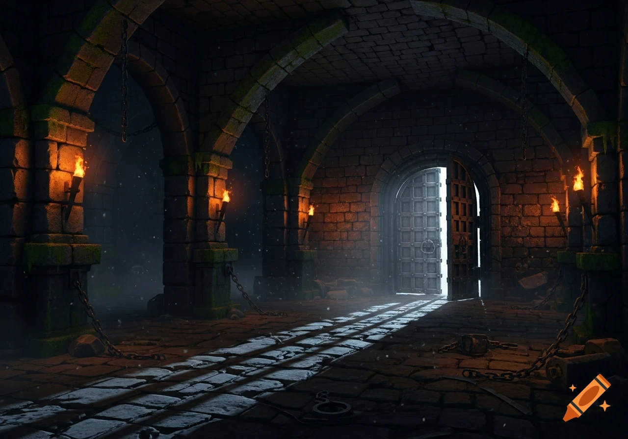 A dark, atmospheric dungeon hallway with stone arches, lit torches, chains, and an open metal gate leading to a bright light.