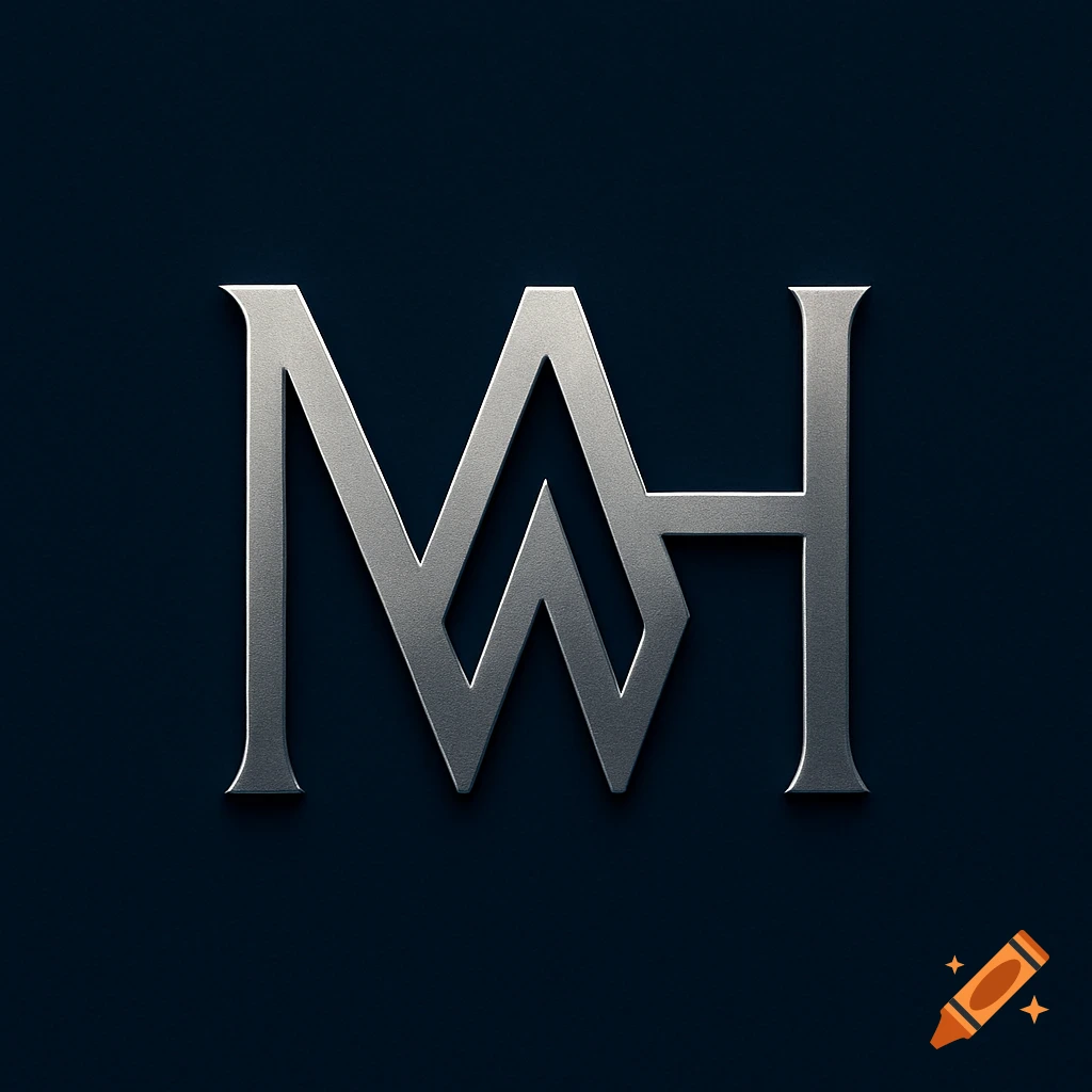 A stylized silver metallic monogram of the letters MWH on a dark blue background.
