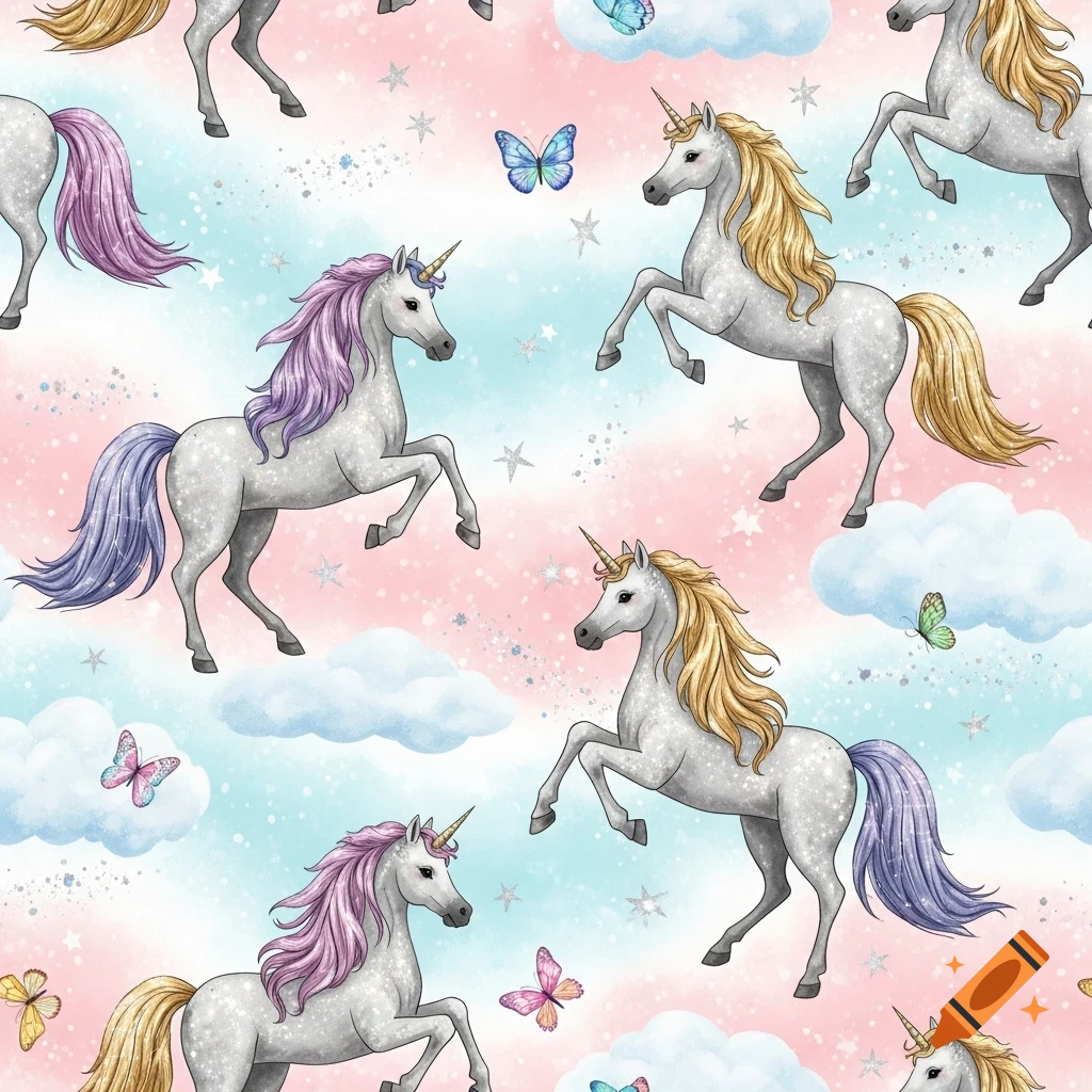 Seamless pattern of white unicorns with colorful manes, butterflies, clouds, and sparkling stars on a pink and blue background.