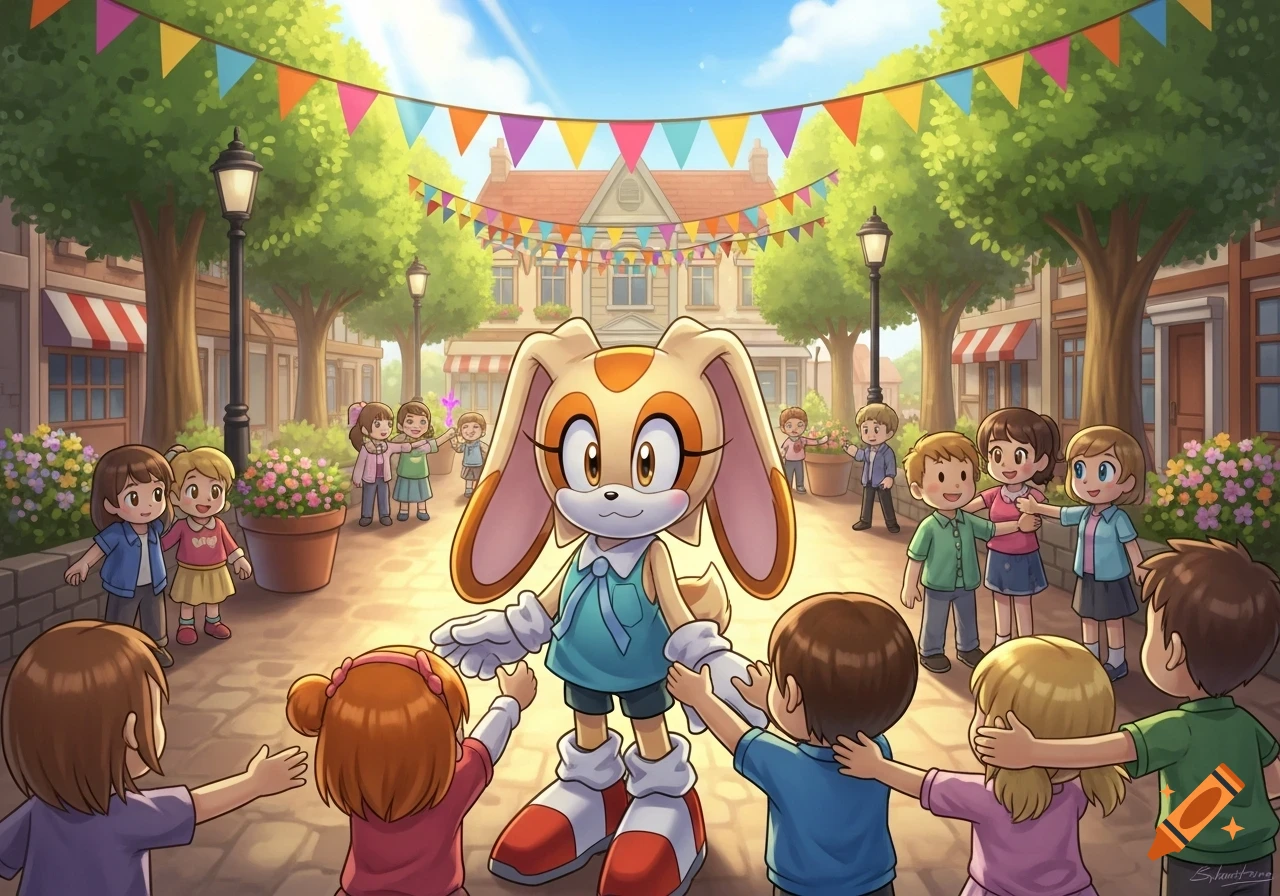 Cream the Rabbit is happily surrounded by smiling children in a festive town square, illustrated in a vibrant cartoon style.