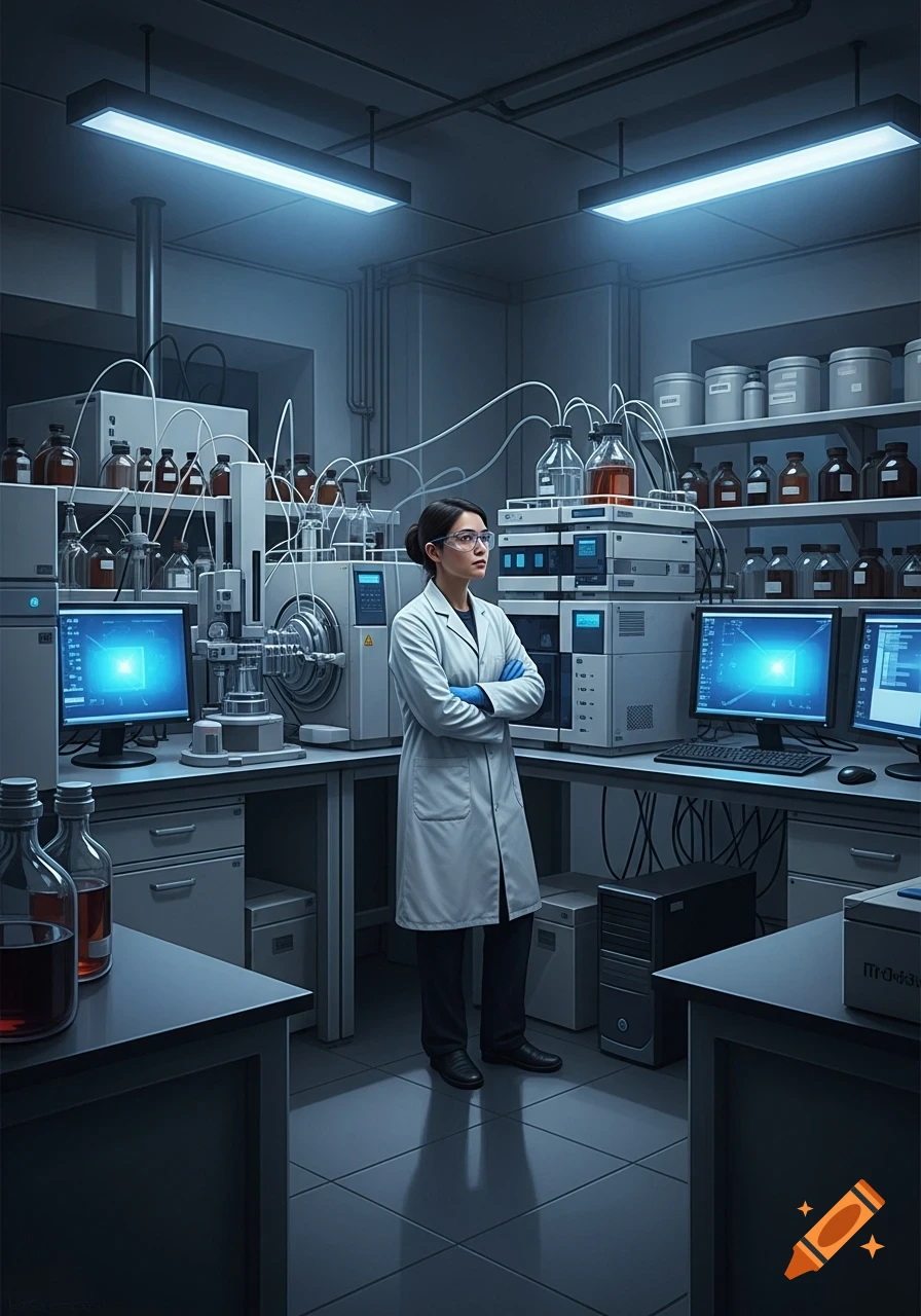 A female scientist in a lab coat and safety glasses stands in a high-tech laboratory with complex analytical equipment and glowing screens.