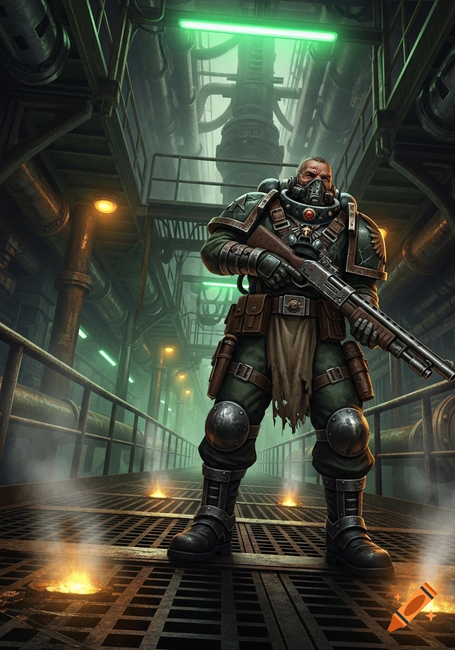 A Warhammer 40k hive dweller in dark green armor and a gas mask stands in a grim industrial pipe-filled setting, holding a shotgun.