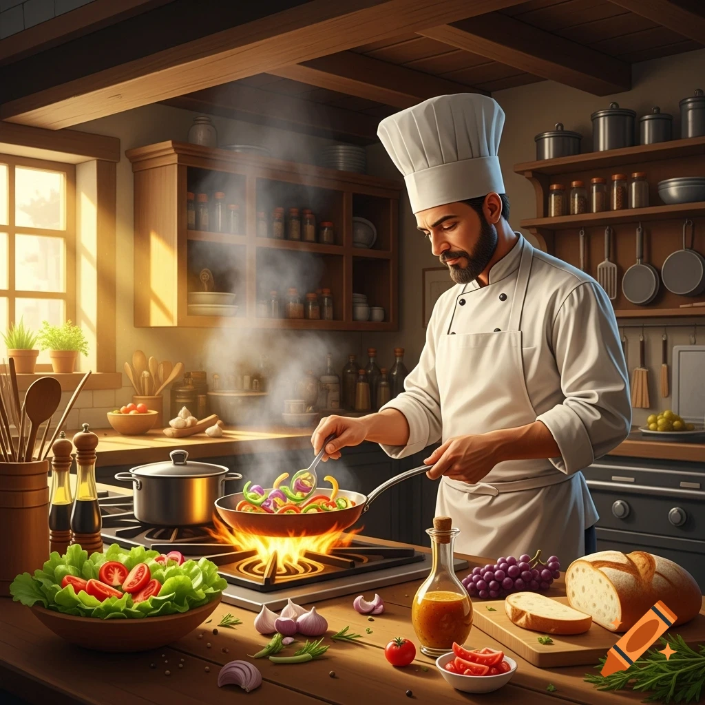A photorealistic image of a male chef with a beard cooking vegetables in a pan over a gas stove in a rustic kitchen.