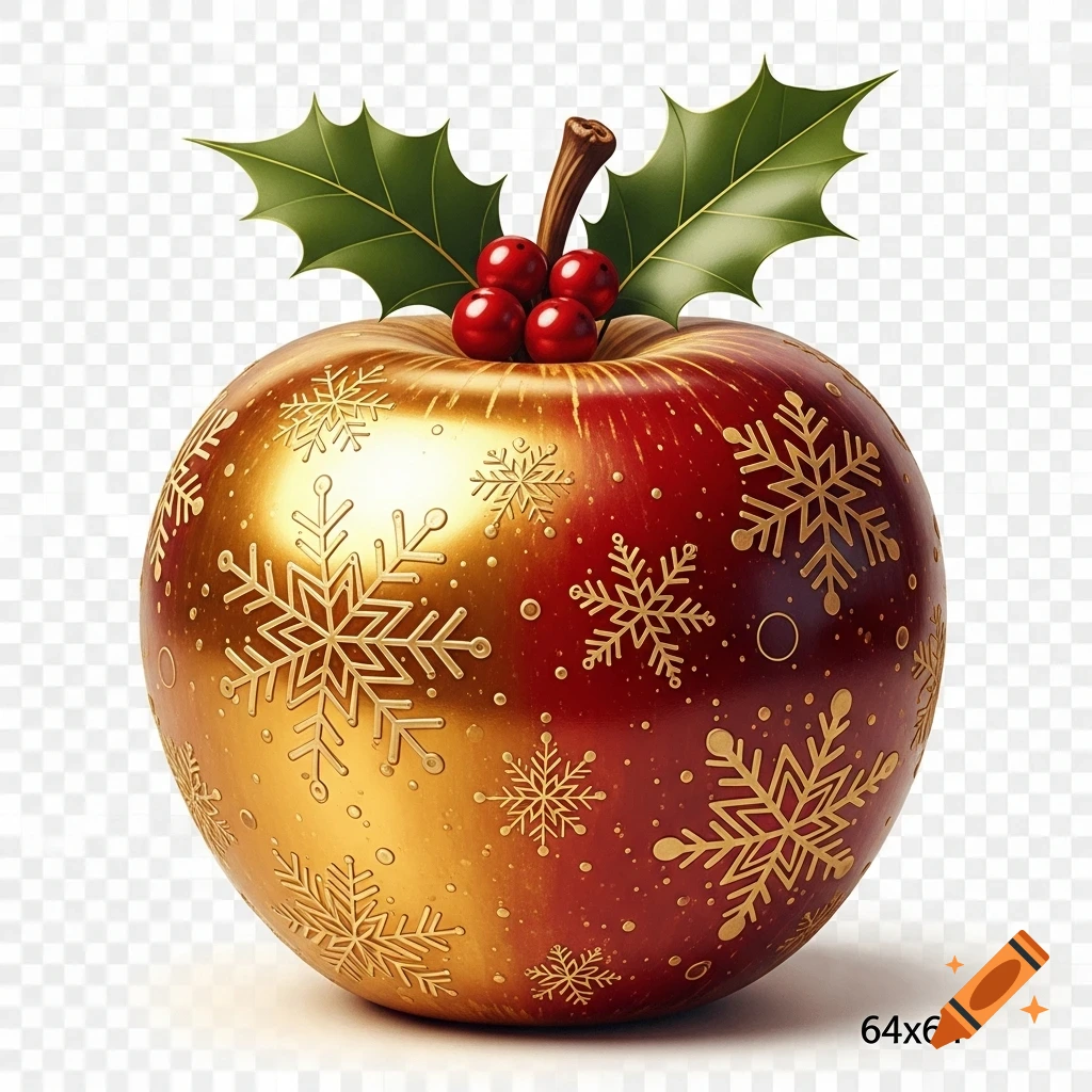 A decorative red and gold apple with golden snowflake patterns, topped with green holly leaves and red berries, against a transparent background.