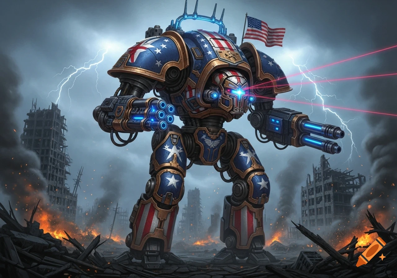 A giant, American-themed mecha robot with red, white, and blue armor, armed with cannons, stands amidst a burning, ruined city under a stormy sky with lightning.