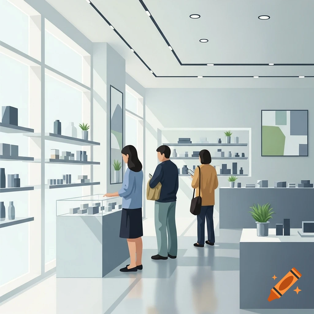 Customers browse products in a modern, minimalist retail store, illustrated in a simple animated style.
