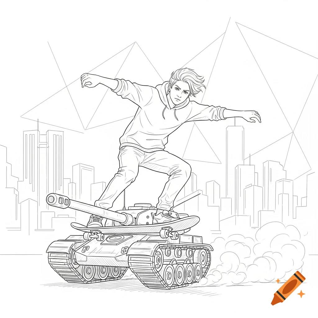 Line art of a teenager skateboarding on a tank with an urban background.