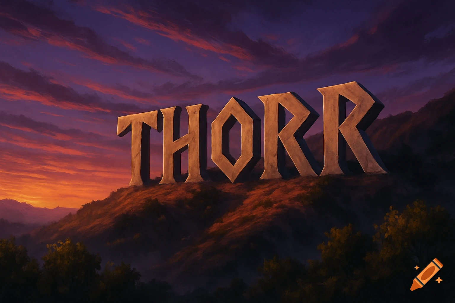 Large stone letters spelling THORR on a grassy hill, bathed in the light of a dramatic purple and orange sunset, evoking a movie title.